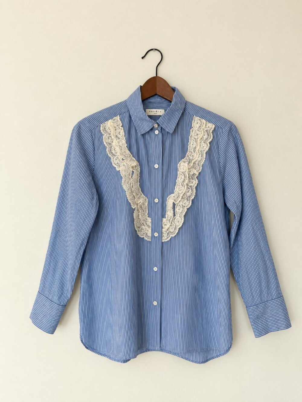 Sandro Blue Striped Lace Ruffle Button Down Shirt Size 1